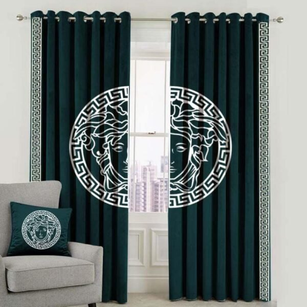 Velvet Curtains-Green & White